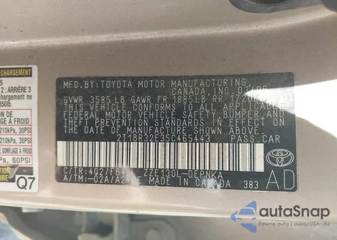 2005 Toyota Corolla Le z USA, uszkodzony, nr VIN 2T1BR32E35C465443